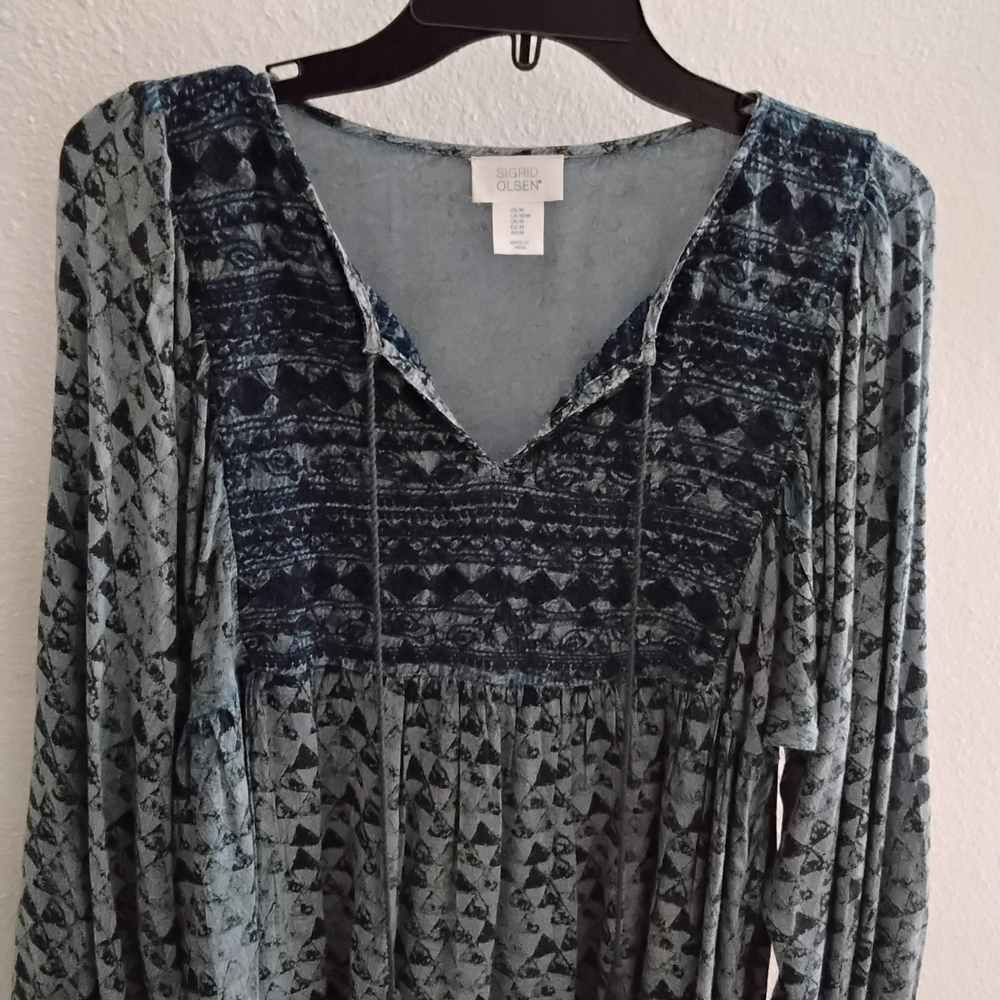 Sigrid Olsen Teal Geometric Long Sleeve Blouse